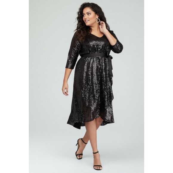 Lane Bryant Sequin Evening Dress Size 24 Black Cascading Ruffle Hi Low NWOT - Picture 1 of 6